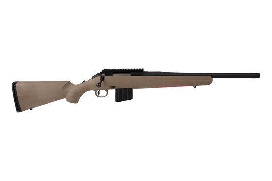 Ruger American Ranch Standard Rifle chambered in 350 Legend features a 16 inch barrel and a flat dark earth stock and a 70 degree bolt throw.